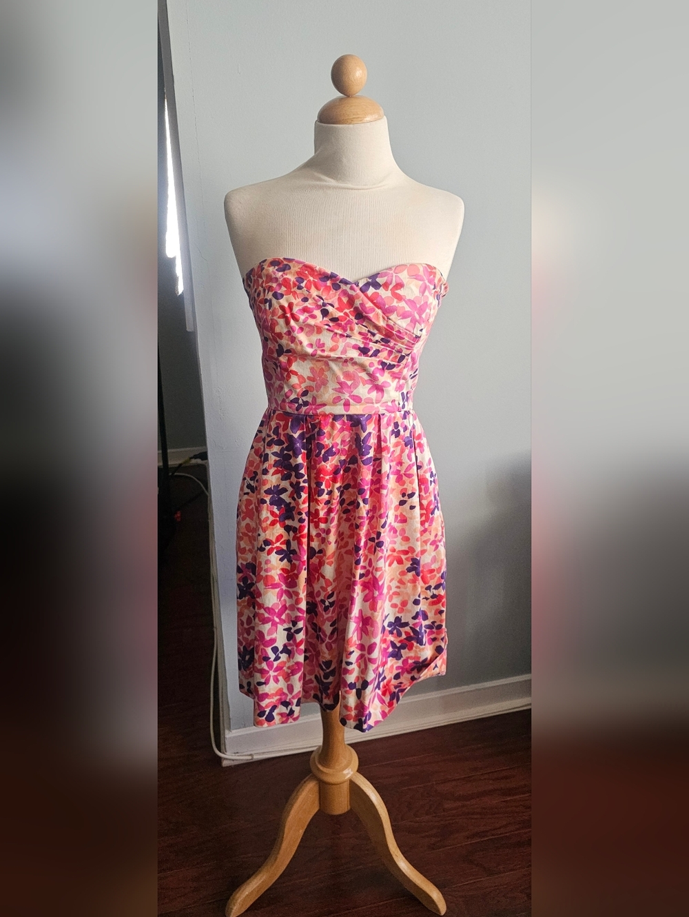 Shoshanna Strapless Floral Fit-and-Flare Dress in Pink, Purple & Coral